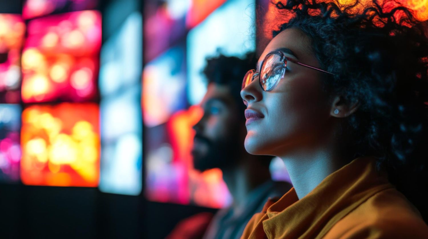 Pessoas observando painéis de LED coloridos em um ambiente escuro